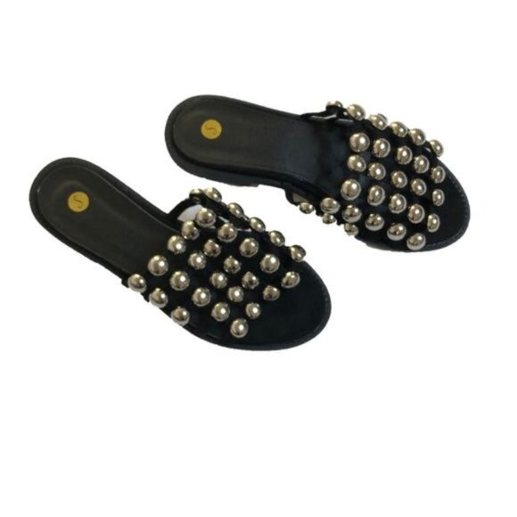 Beaded Black Suede Slide Sandals - Picture 2 of 6